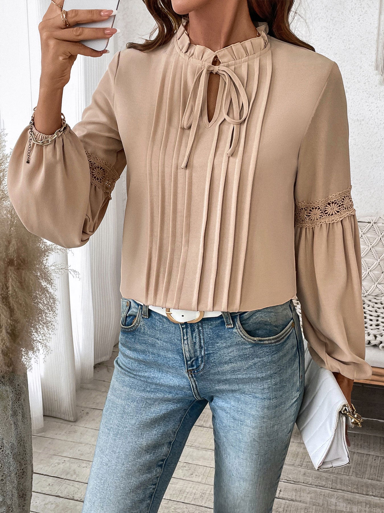 Women Solid Tie-Up Neck Top