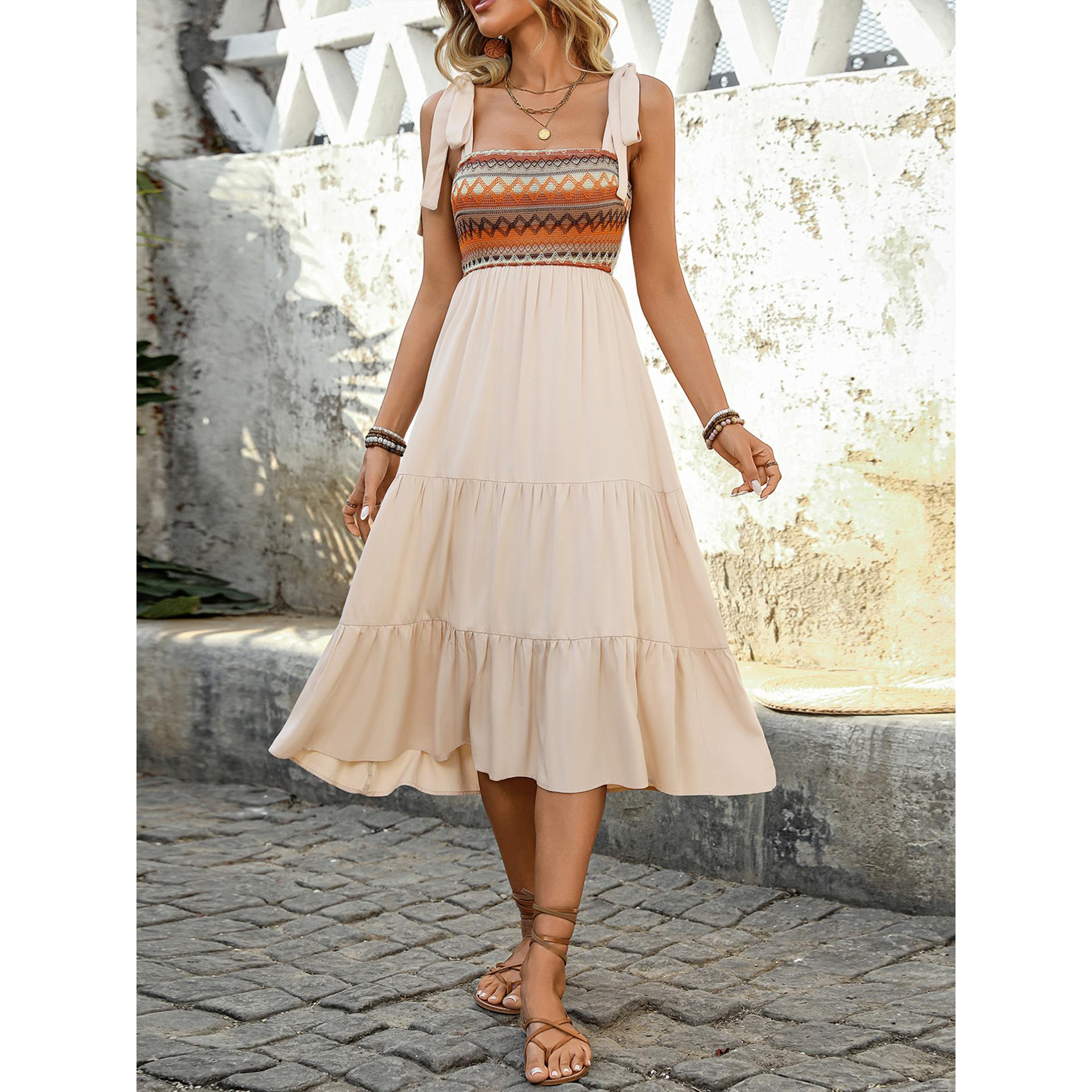 Beige Tribal Print Midi Dress