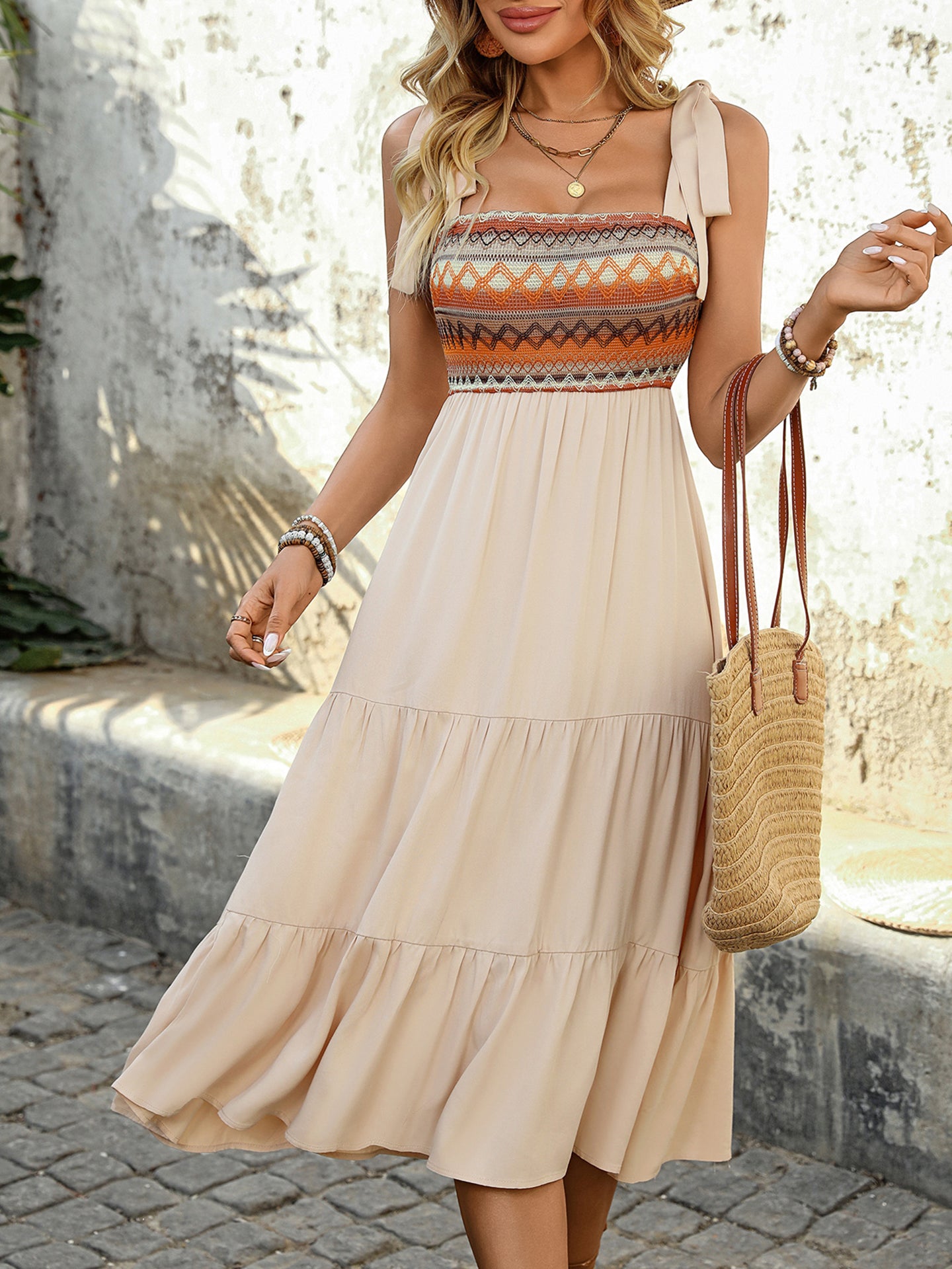 Beige Tribal Print Midi Dress