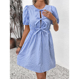 Women Striped Tie-Up Neck Puff Sleeves Sheath Dress