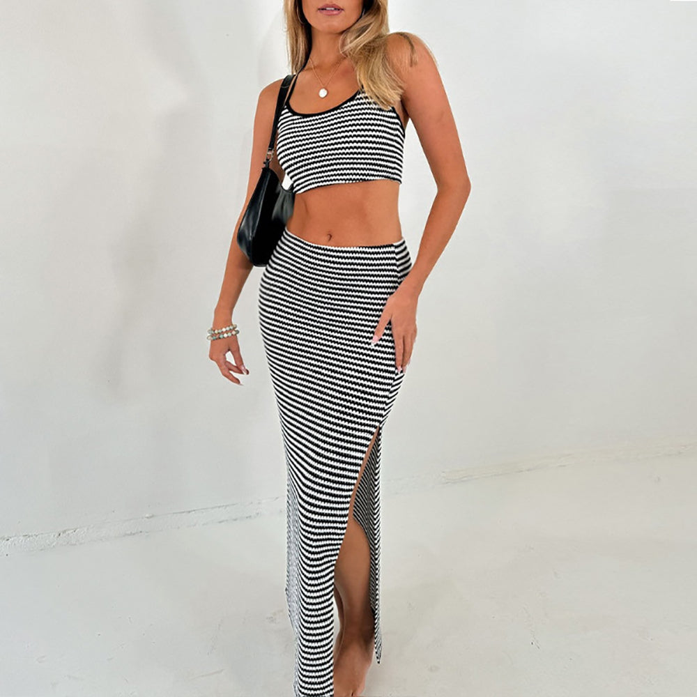 Striped Shoulder Straps Neck Top With Skirt