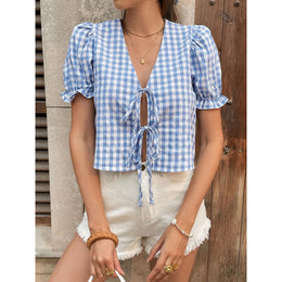 Checked Puff Sleeve Tie-Ups Detail Crop Top