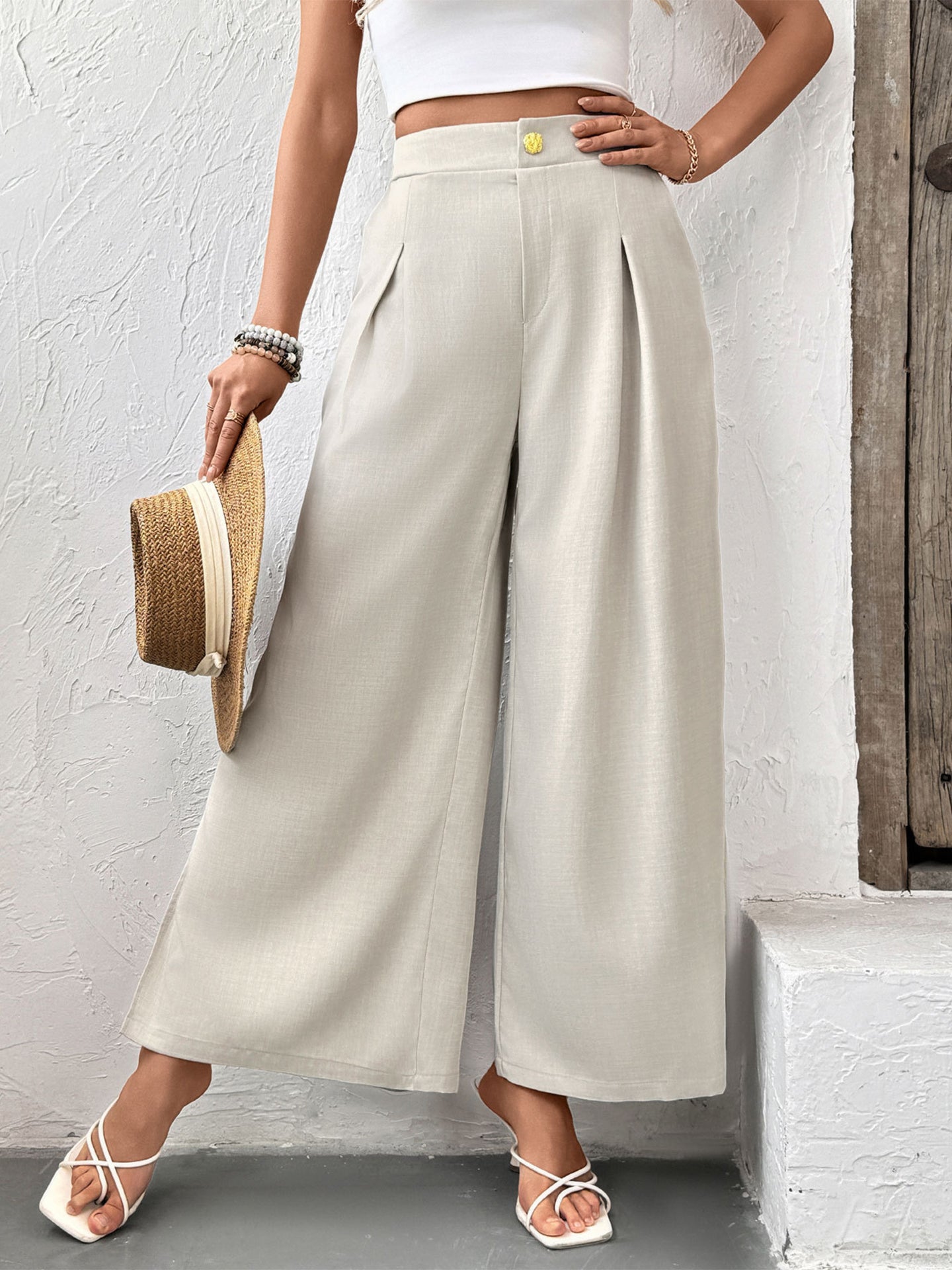 Women Loose Fit Easy Wash Pleated Culottes Trousers