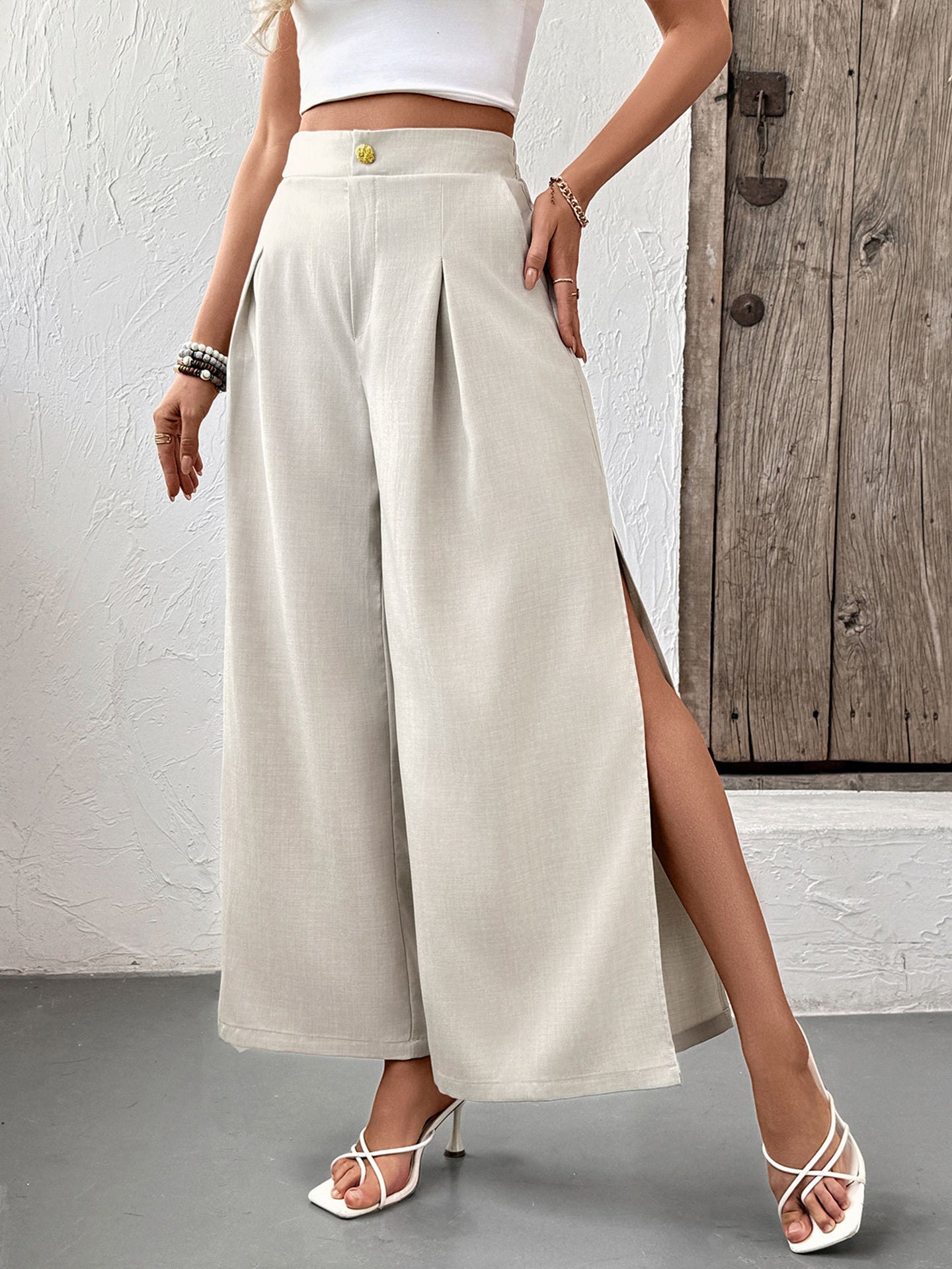 Women Loose Fit Easy Wash Pleated Culottes Trousers