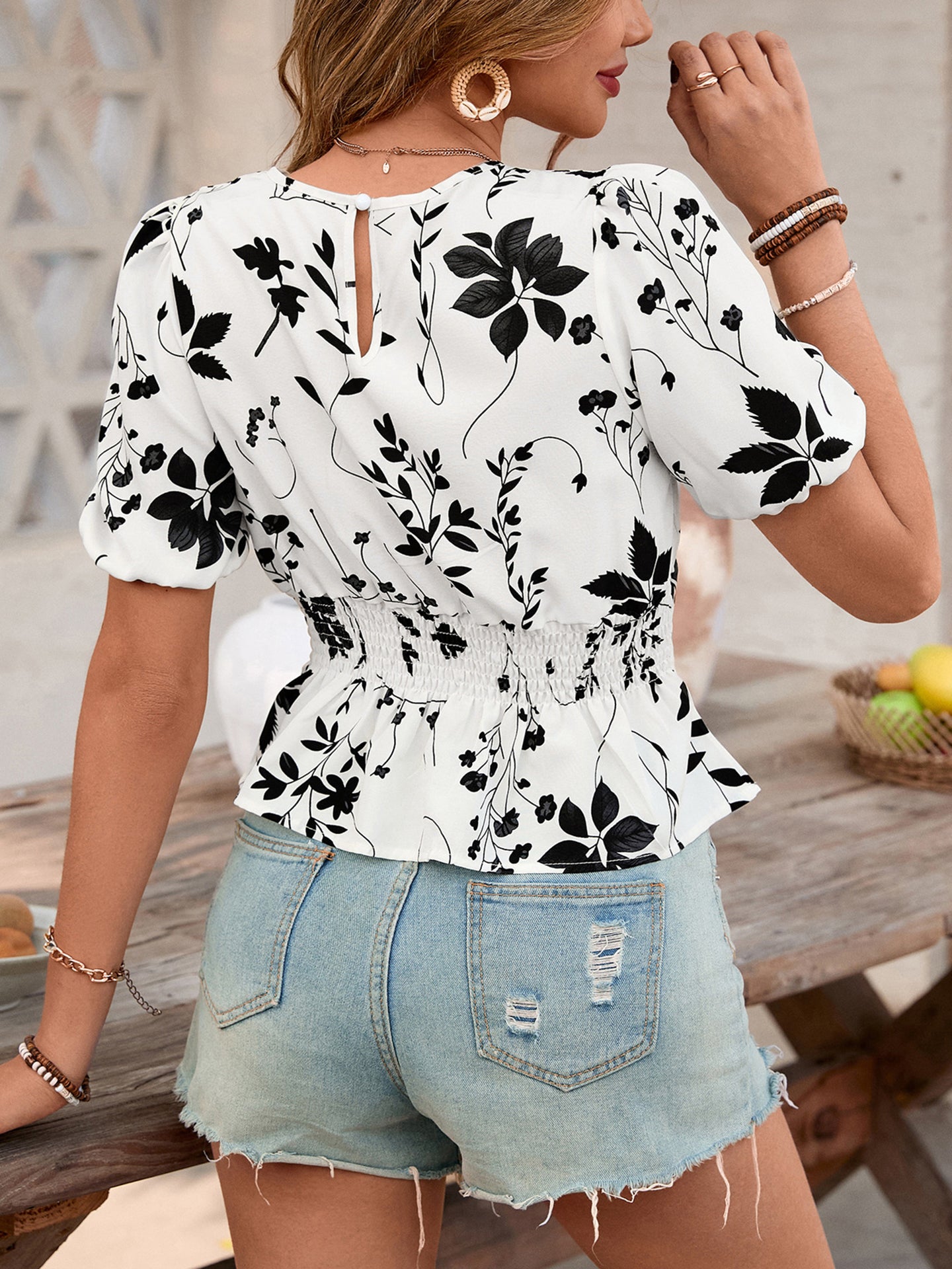 Tropical Print Puff Sleeves Peplum Crop Top
