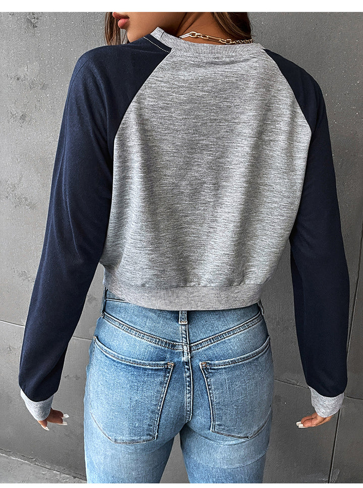 Navy Blue & Grey Melange Colourblocked Raglan Sleeves Crop Pullover Sweatshirt