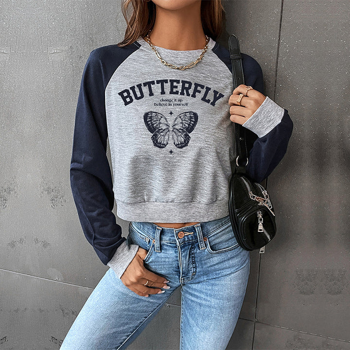 Grey Typography Printed Raglan Sleeves Crop Sweatshirt