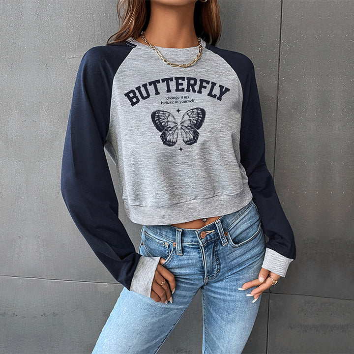 Grey Typography Printed Raglan Sleeves Crop Sweatshirt