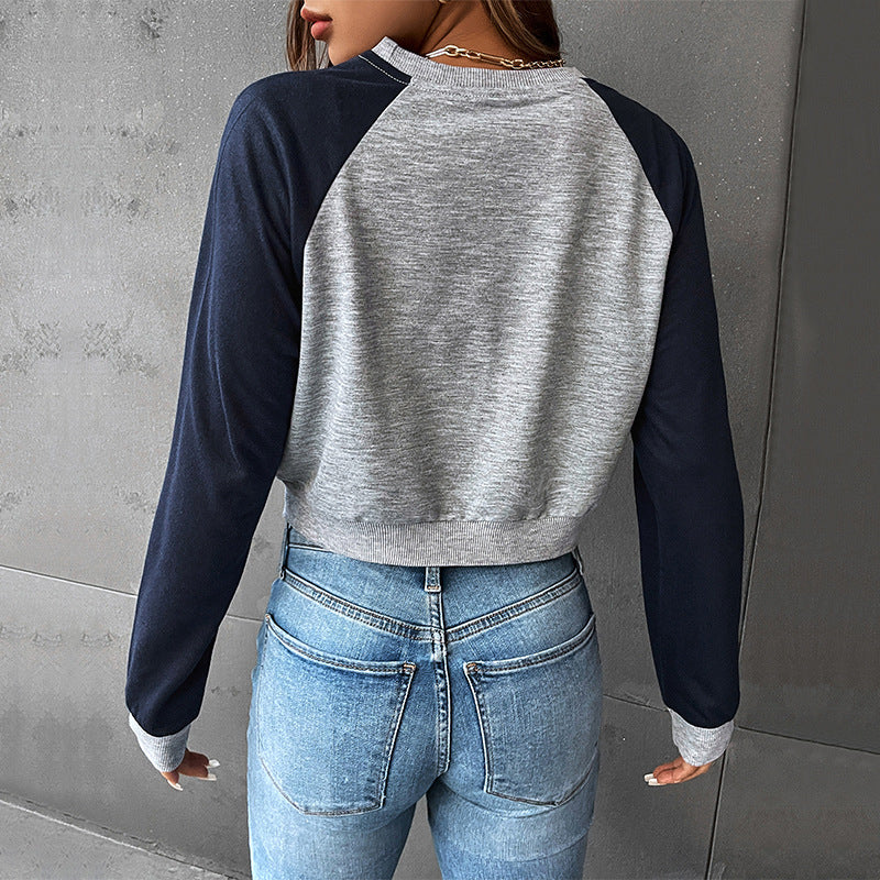 Grey Typography Printed Raglan Sleeves Crop Sweatshirt