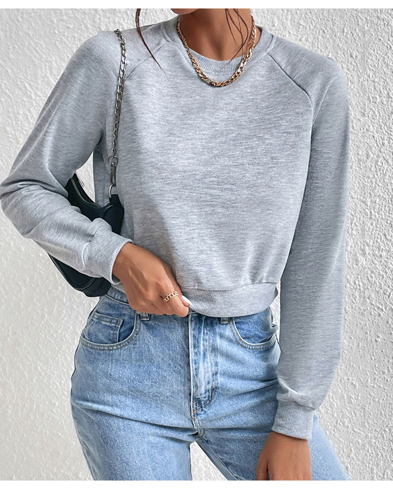Grey Round Neck Full Sleeve Cropped Top