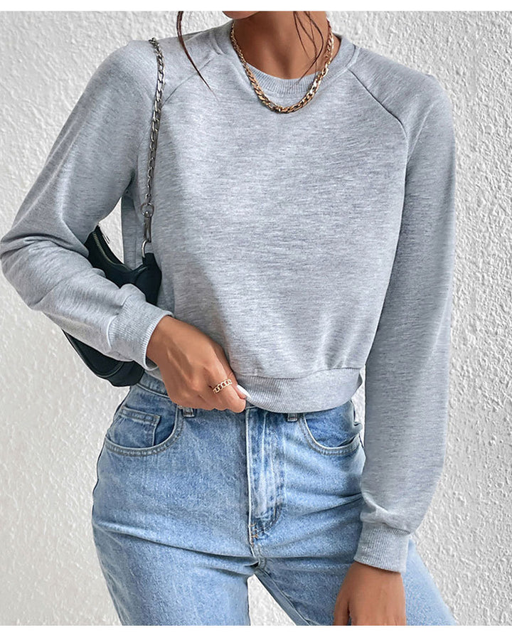 Grey Round Neck Full Sleeve Cropped Top