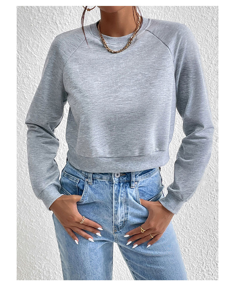 Grey Round Neck Full Sleeve Cropped Top