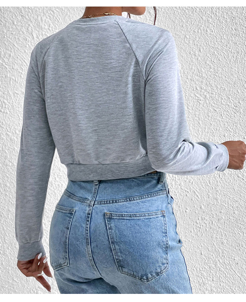 Grey Round Neck Full Sleeve Cropped Top