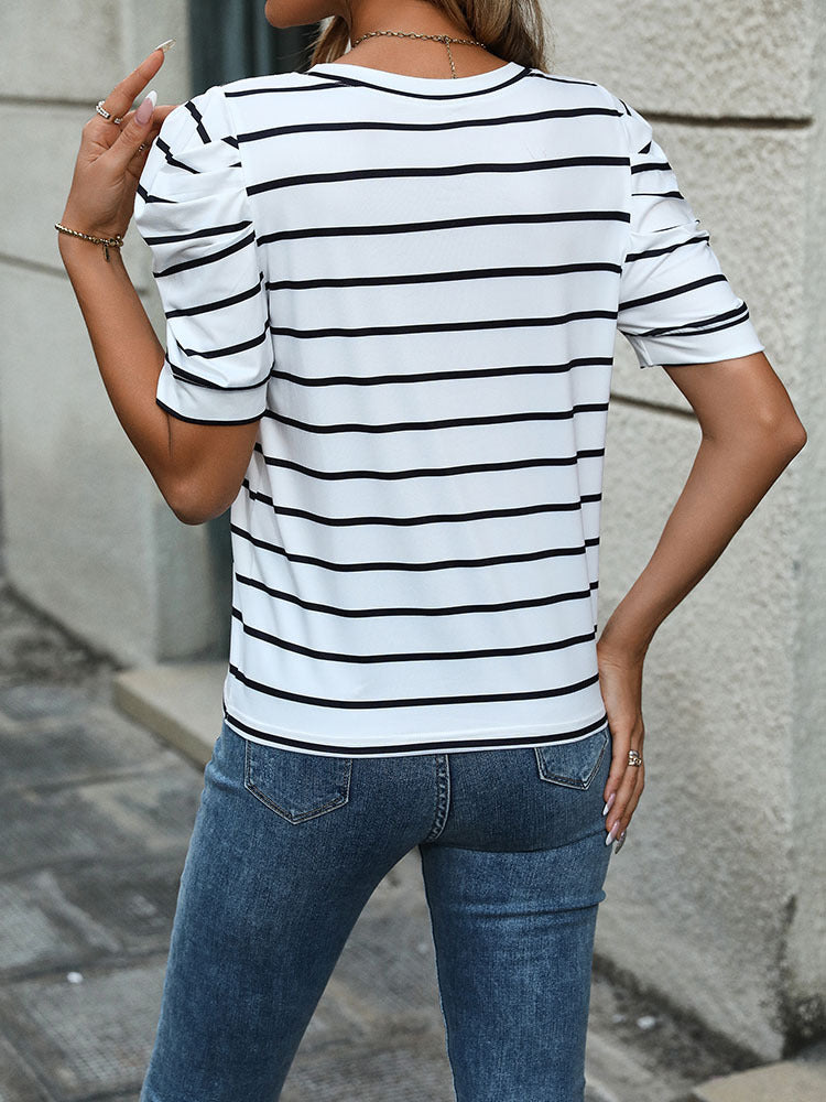 White Striped Puff Sleeve Top