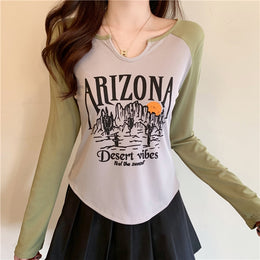 Green & White Typography Printed Notch Neck Top