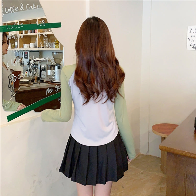 Green & White Typography Printed Notch Neck Top