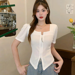 White Square Neck Short Sleeves Top
