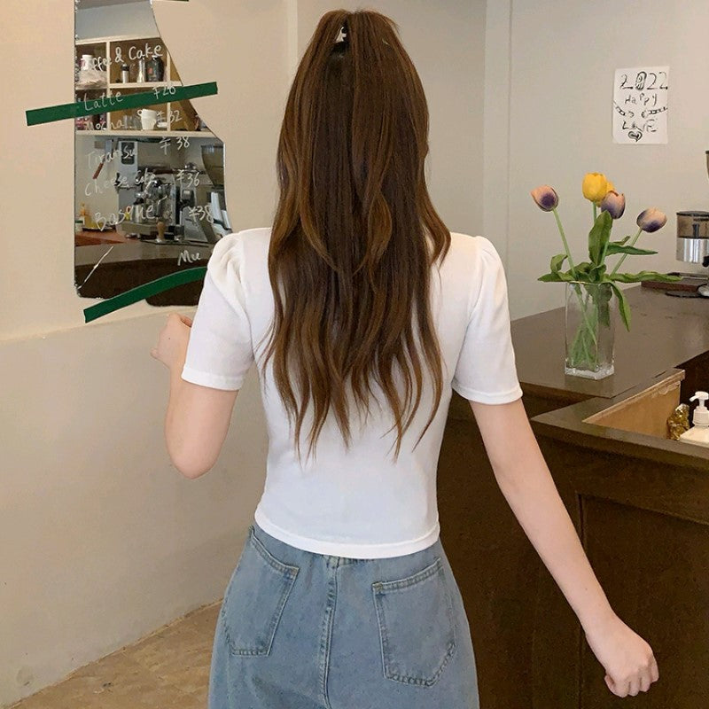 White Square Neck Short Sleeves Top
