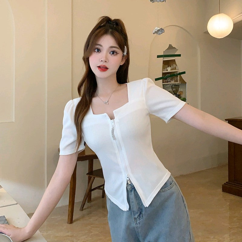 White Square Neck Short Sleeves Top