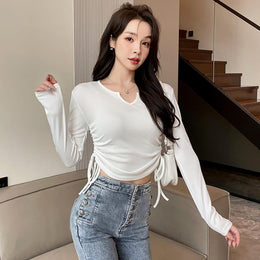 Women Solid Round Neck Ruched Crop Top