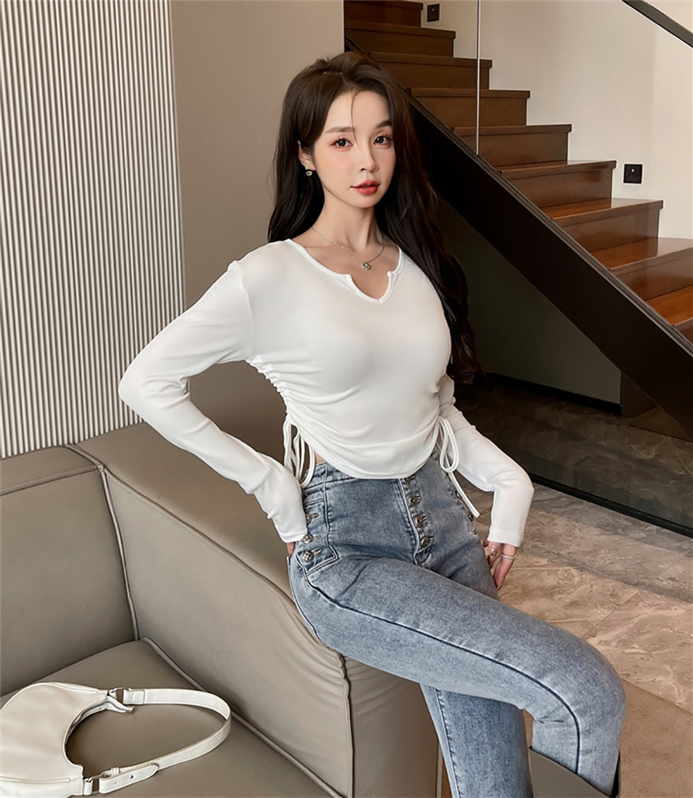 Women Solid Round Neck Ruched Crop Top