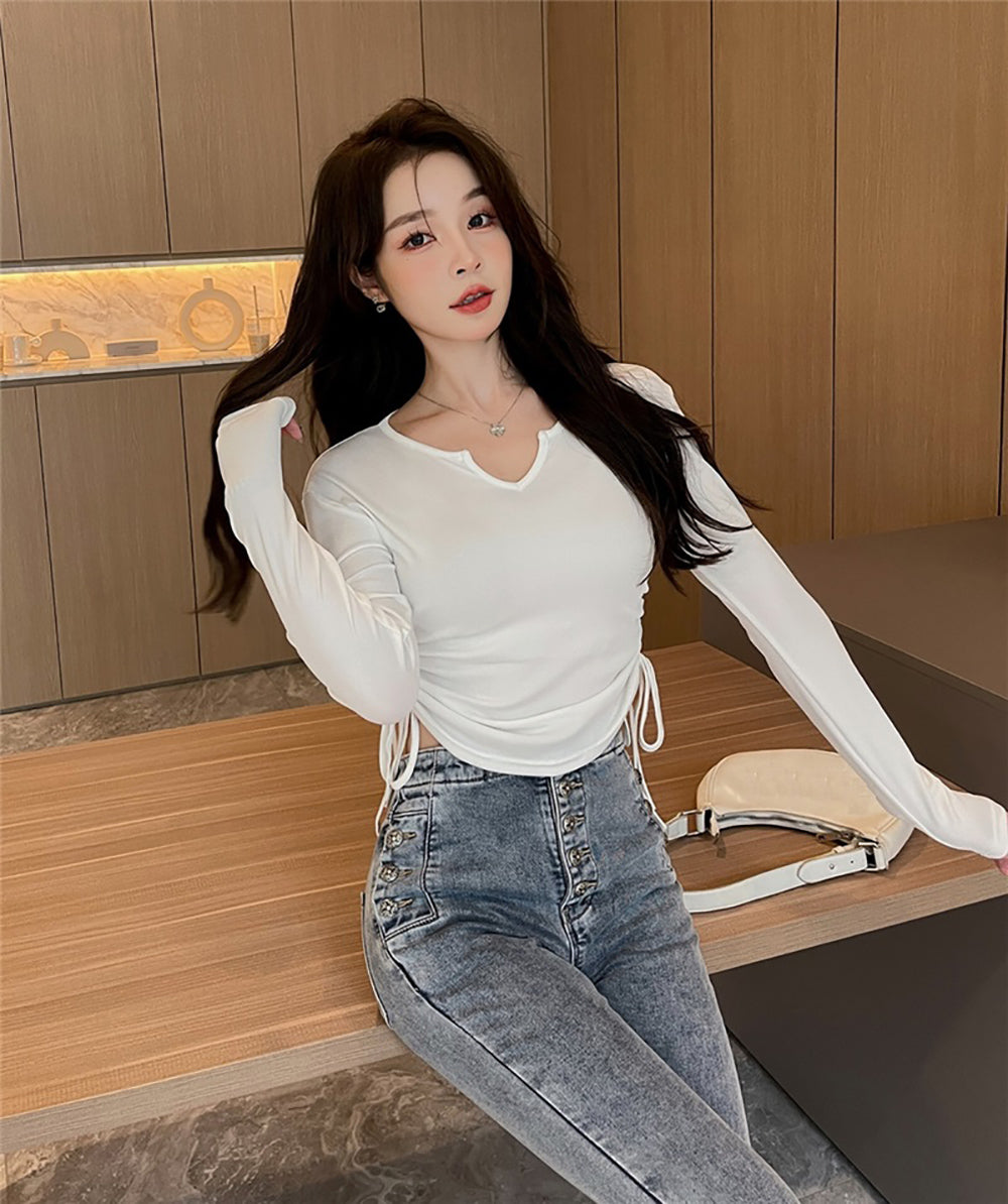 Women Solid Round Neck Ruched Crop Top