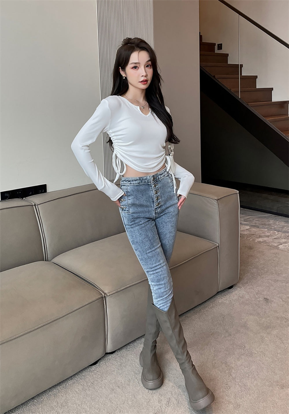 Women Solid Round Neck Ruched Crop Top