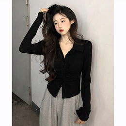 Black Shirt Collar Gathered Shirt Style Top