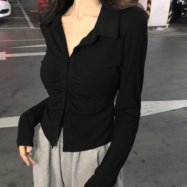 Black Shirt Collar Gathered Shirt Style Top