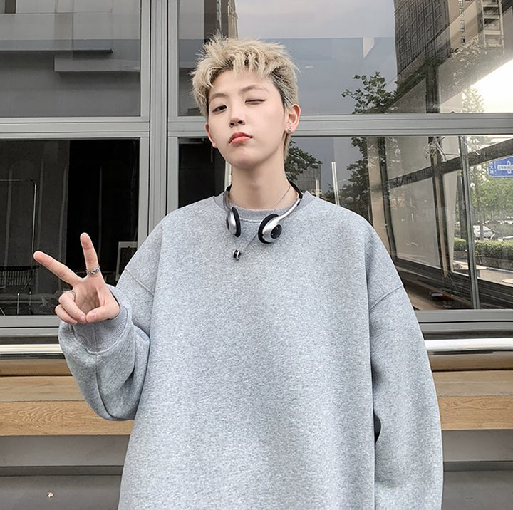 Men Solid Round Neck Cotton Pullover Sweatshirt