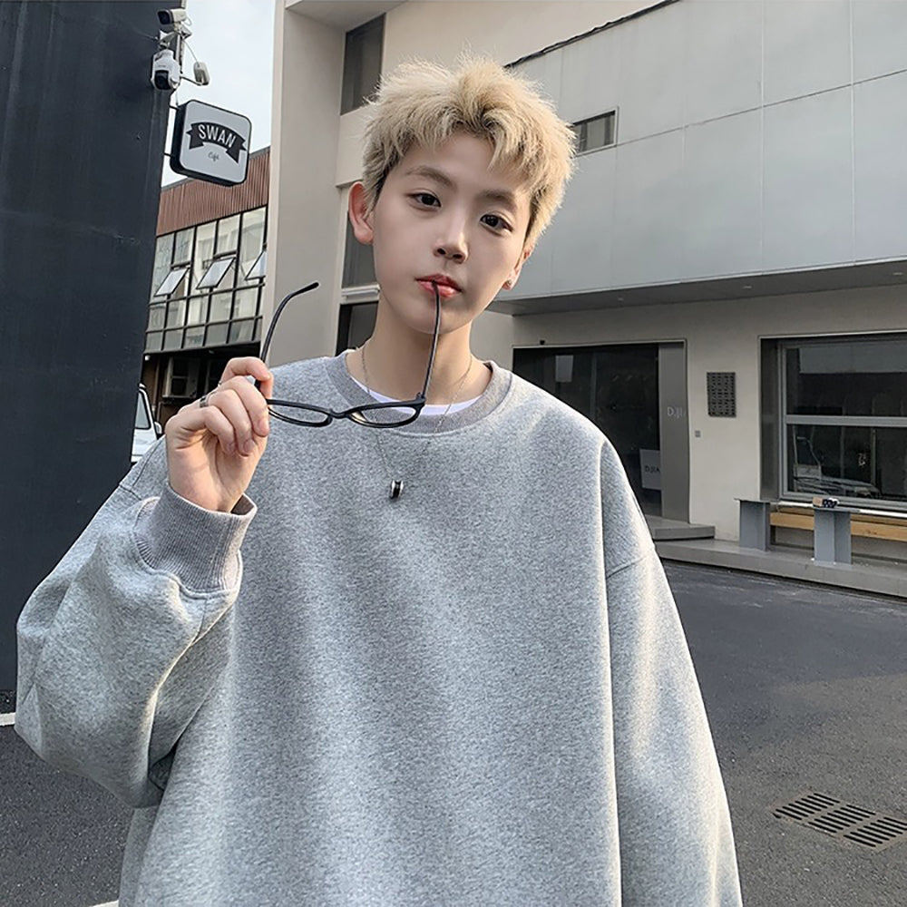 Men Solid Round Neck Cotton Pullover Sweatshirt
