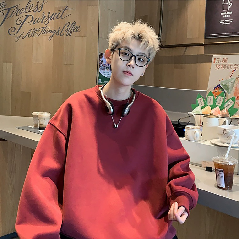 Men Solid Round Neck Cotton Pullover Sweatshirt