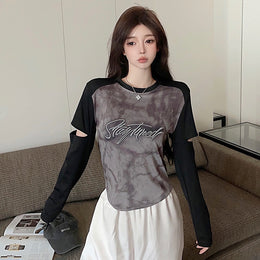Grey Print Extended Sleeves Top