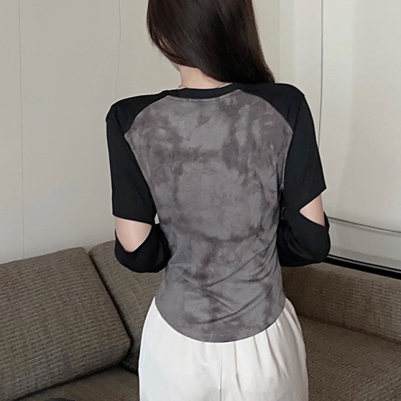 Grey Print Extended Sleeves Top