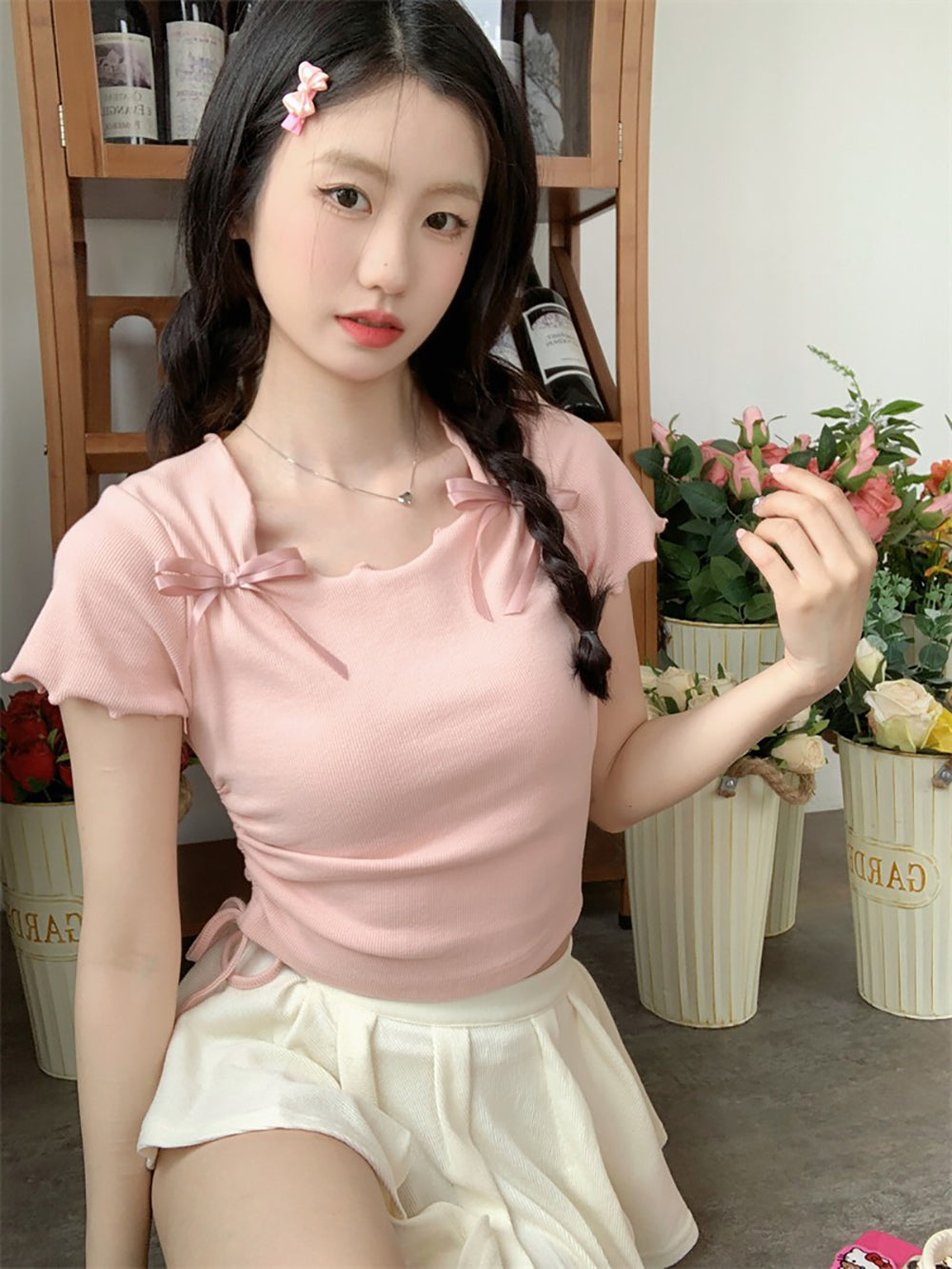 Women Solid Round Neck Bow Detailed Top