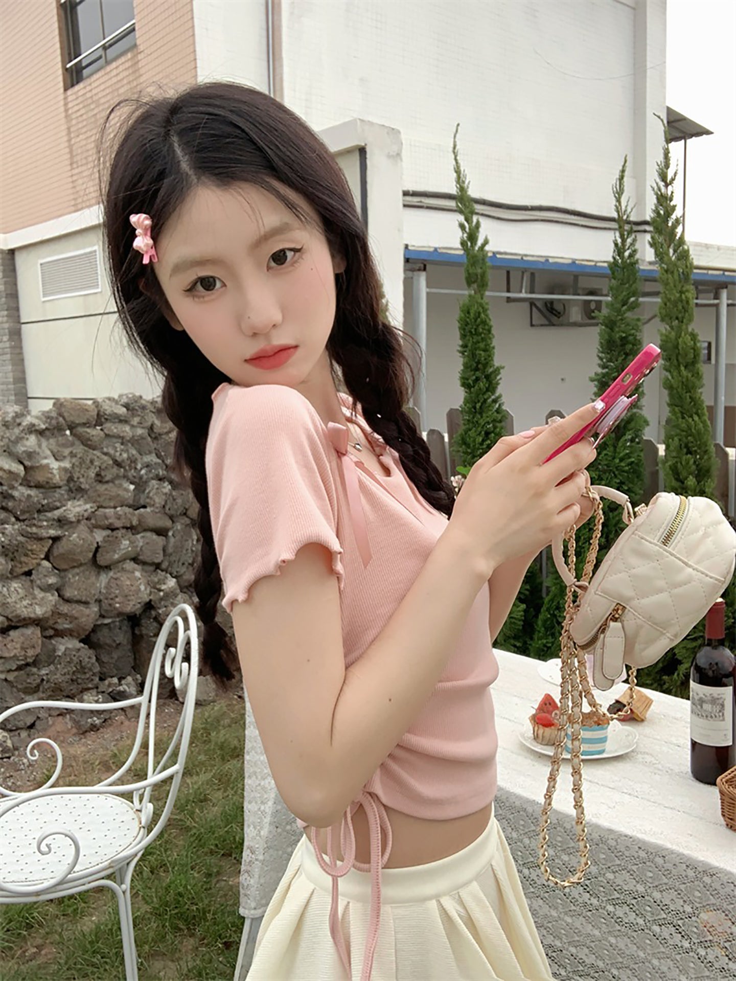 Women Solid Round Neck Bow Detailed Top