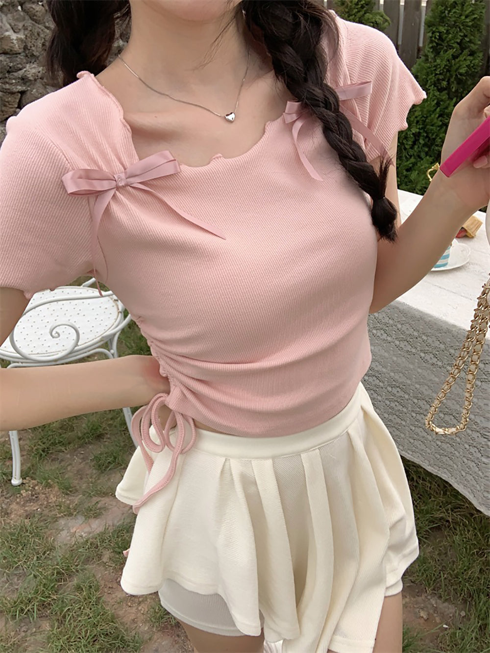 Women Solid Round Neck Bow Detailed Top