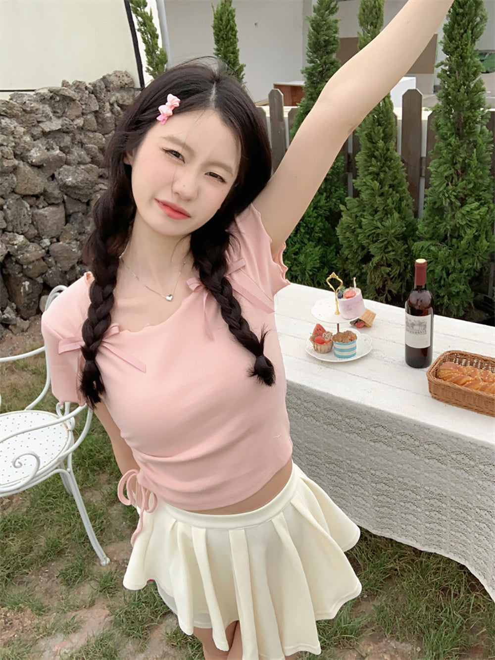Women Solid Round Neck Bow Detailed Top