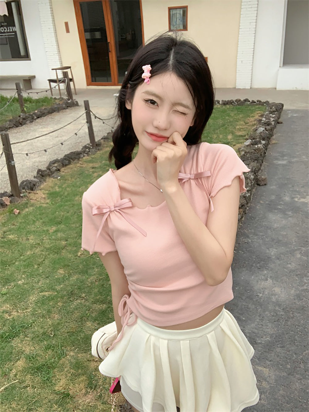 Women Solid Round Neck Bow Detailed Top
