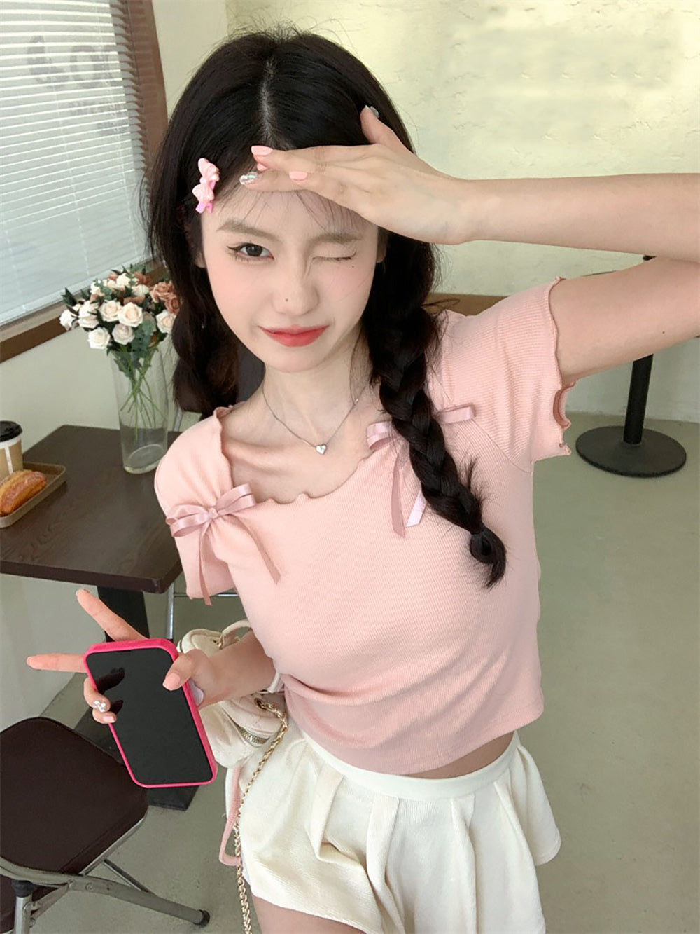 Women Solid Round Neck Bow Detailed Top