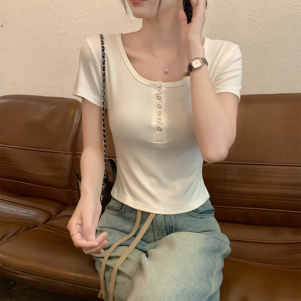 Women Scoop Neck Short Sleeves Top