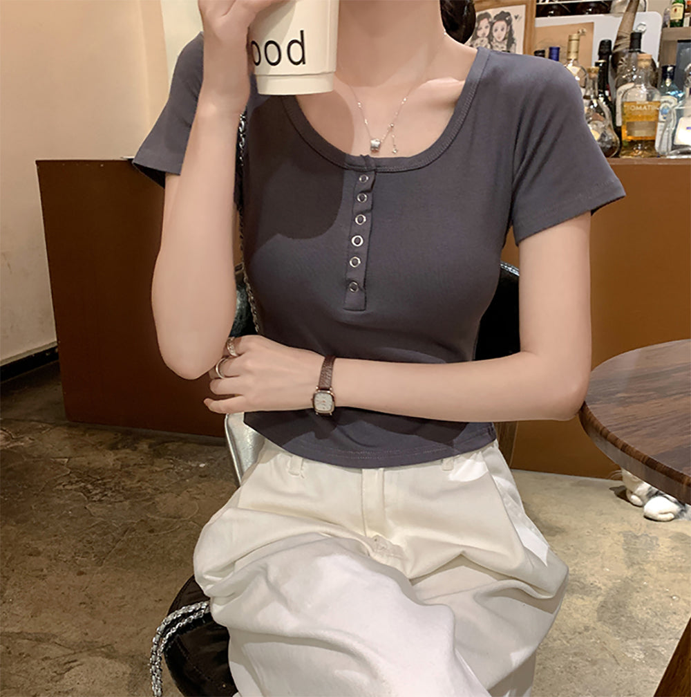 Women Round Neck Short Sleeves Top