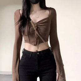 Khaki Tie-Up Neck Gathered Detail Crop Top