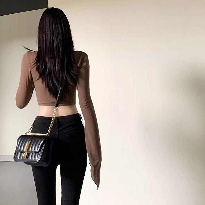 Khaki Tie-Up Neck Gathered Detail Crop Top