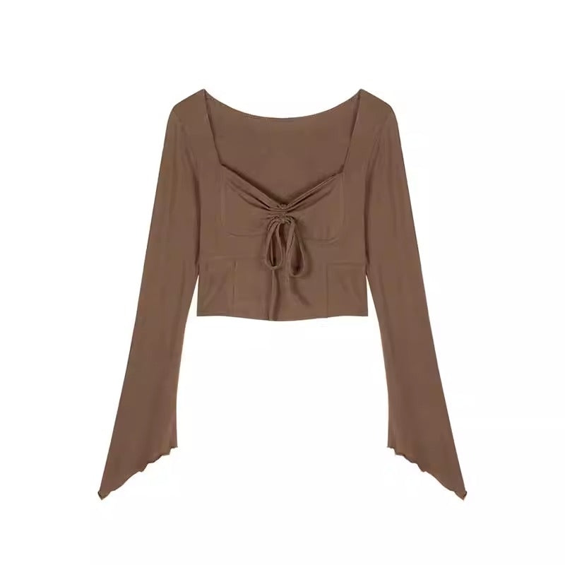 Khaki Tie-Up Neck Gathered Detail Crop Top