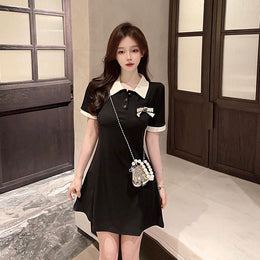 Shirt Collar Short Sleeves Bow Detailed A-Line Dress
