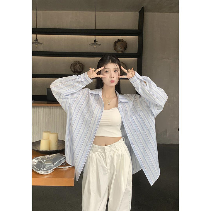Women Spread Collar Striped Oversized Casual Shirt