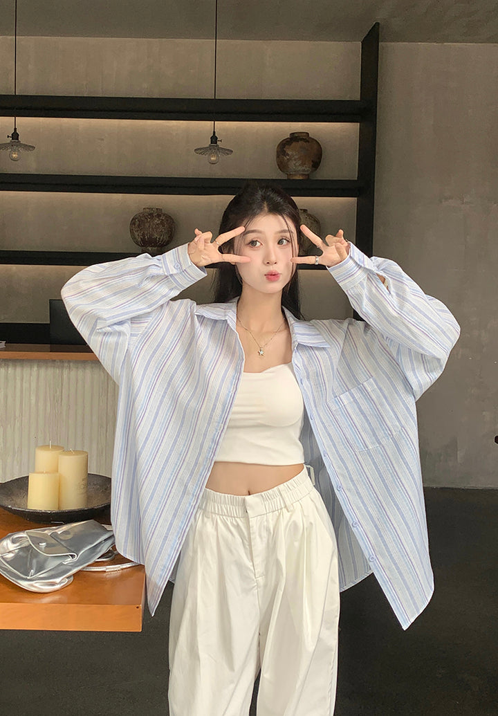 Women Spread Collar Striped Oversized Casual Shirt