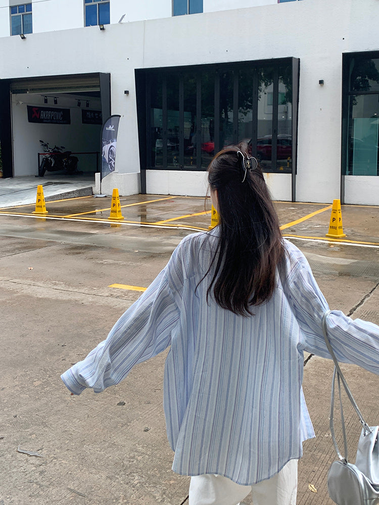 Women Spread Collar Striped Oversized Casual Shirt