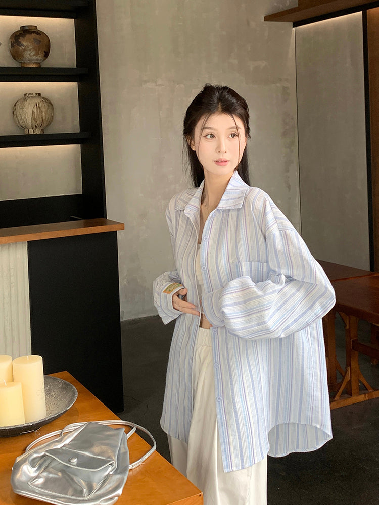 Women Spread Collar Striped Oversized Casual Shirt